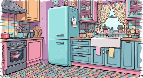 Expressive kitchen illustration featuring colorful elements like a vintage blue refrigerator, patterned tiles, and charming decor for creative interior design projects.