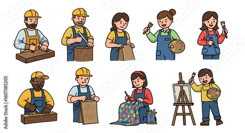 Diverse craftsmen and artists engaged in creative activities