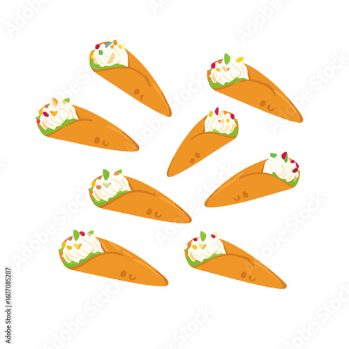 Set of cute cartoon cannoli pastries with smiley faces, creamy ricotta filling, and colorful candied fruit toppings.