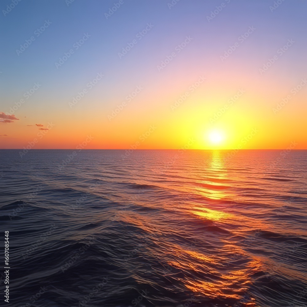 Fototapeta premium A calm ocean glows under the golden sunset, painting the sky with warm hues. The tranquil sea mirrors the fading light, offering a peaceful end to the day.