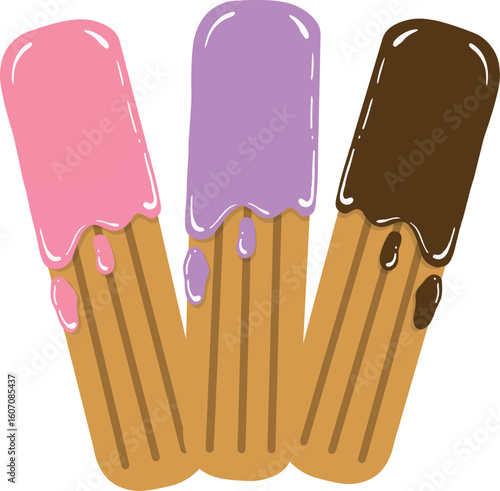 Churros dipped in chocolate cream, grape cream, and strawberry cream. Illustration. Vector.