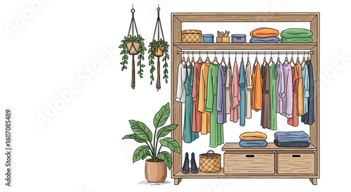 Expressive sketch illustration of custom closets featuring colorful clothing, hanging plants, and decorative storage boxes.