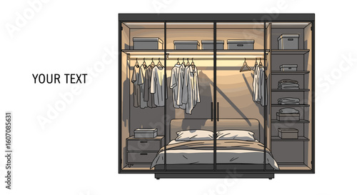 Stylish closet design illustration featuring organized clothes and accessories with ample storage space. Dressing room with open concept closet
