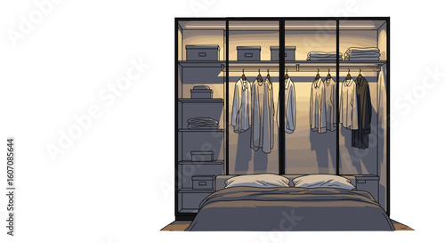 Expressive sketch illustration of modern bedroom interior design featuring custom closets with organized clothes and bedding. Dressing room with open concept closet
