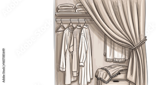 Expressive sketch illustration of custom closet with neatly hung clothes and organized towels on shelf. Custom closet design features elegant curtain,