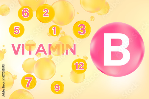 Vitamin B complex different type forms, glowing 3D pink molecule icon, flowing bubble element, beauty supplement background with copy space. Nutrition products banner, presentation, infographic design