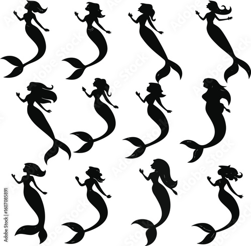 Collection of Mermaid Silhouettes – Elegant Black and White Minimalist Mermaid Illustrations