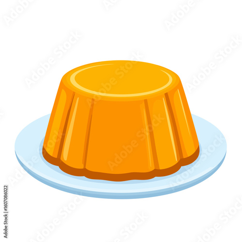 Glossy orange gelatin dessert with molded ridges on a light blue plate.