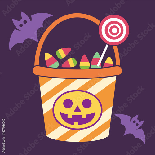 Trick or Treat Bucket Filled with Candies Lollipop and Bat Wings Colorful Halloween Vector Bundle