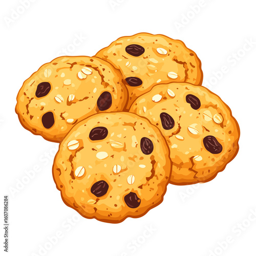 A delicious pile of four golden oatmeal raisin cookies, illustrated with visible oats and dark raisins.