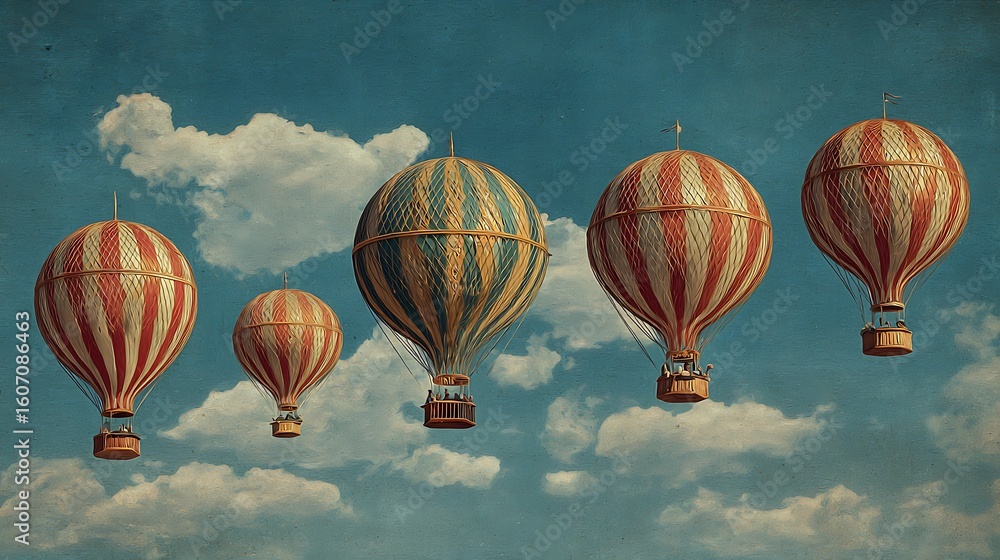Fototapeta premium Vintage hot air balloons ascend through dreamy clouds