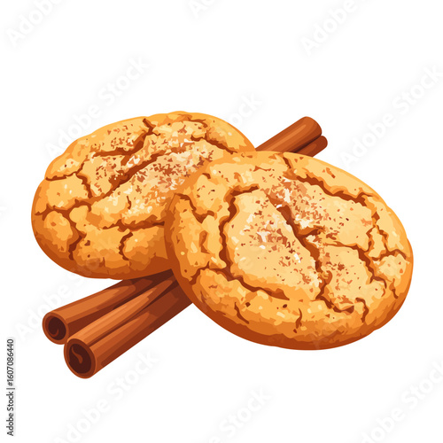 Two golden snickerdoodle cookies with cracked tops and cinnamon sticks. Vector illustration of a sweet baked dessert with spices.