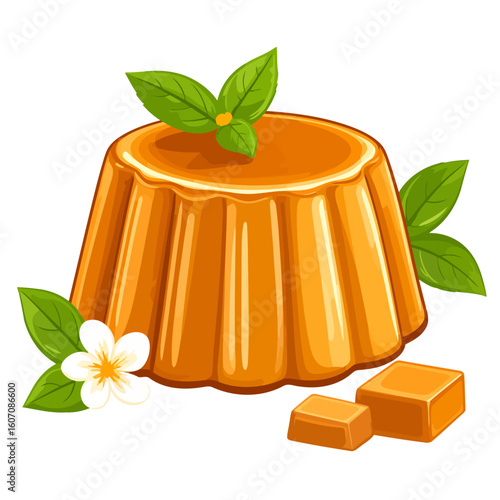 Shiny caramel flan dessert with fluted sides, garnished with fresh mint leaves, a white flower, and caramel cubes.