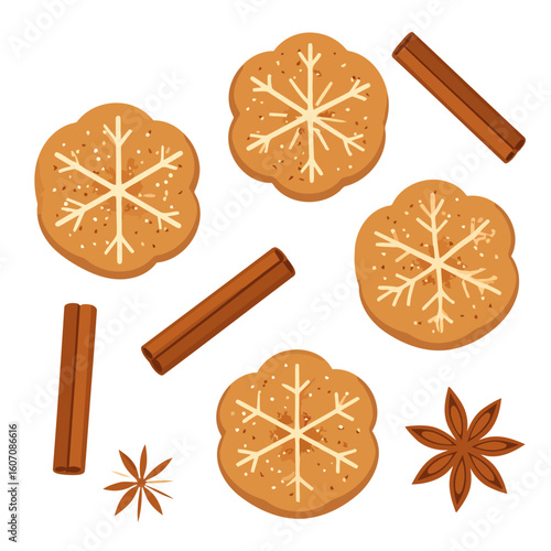 Festive collection of snowflake gingerbread cookies, cinnamon sticks, and star anise.