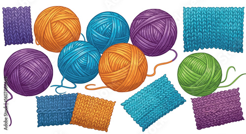Colorful yarn balls and knitted swatches in hand-drawn style