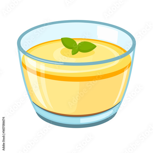 Creamy yellow pudding dessert in a transparent glass bowl, garnished with a fresh green leaf.