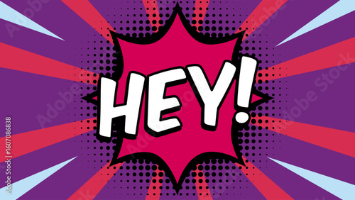 HEY comic text template on retro background for stickers, posters, social media posts.