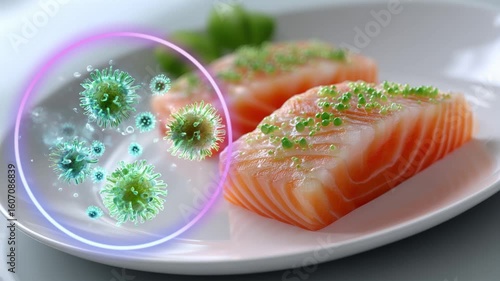 Raw fish fillet on a clean white plate, with a magnified inset showing animated parasites and bacteria on the fish flesh, symbolizing food safety concerns in undercooked seafood