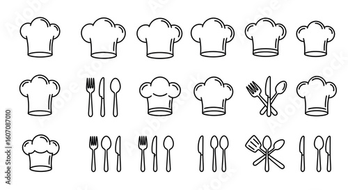 Chef hat and cutlery icons set in linear style for culinary themes