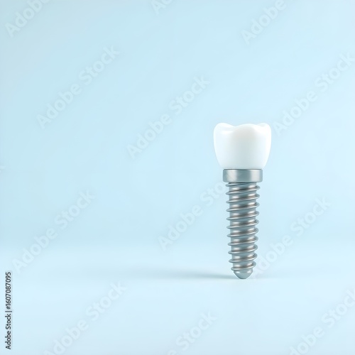 Fototapeta Naklejka Na Ścianę i Meble -  하늘색 배경에 오른편에 임플란트 나사와 이빨모형Implant screws and tooth models on the right side against a sky blue background