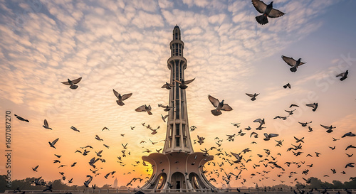 Minar-e-Pakistan at Sunset with Soaring Pigeons