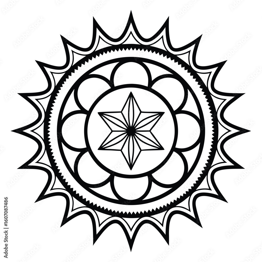 Fototapeta premium Black geometric star mandala with pointed rays white