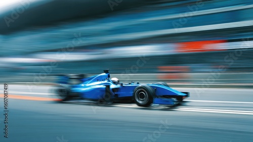 Fast Blue Sports Car Racing on Track at Sunset

