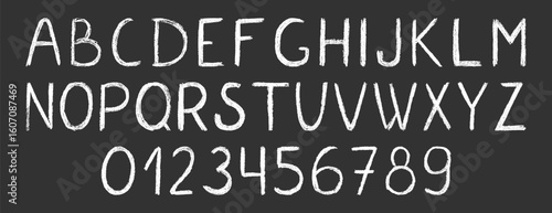 Crayon childish alphabet and numbers with pencil crayon texture. Hand drawn scribble letters and numbers in kids grunge style with crayon texture.