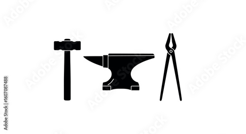 Silhouette of blacksmith tools: hammer, anvil, pliers for crafting and metalwork design