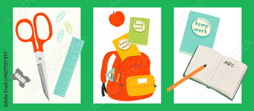 Set of 3 Vector Back to School Posters – Backpack, Pencil Sharpener, Scissors, Ruler, Notepads, Apple, Pen, and Paper Clips on Green Background