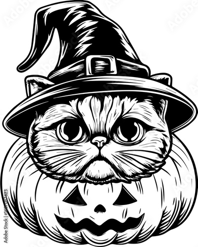 SVG of a Halloween cat with a witch hat and pumpkin designed in a cute tattoo style.Cat in Witch Hat with Pumpkin for Halloween Celebration Artwork