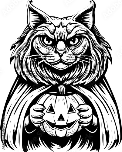 SVG of a Halloween cat with a witch hat and pumpkin designed in a cute tattoo style.Black Cat in Cape Holding Pumpkin for Halloween Celebration