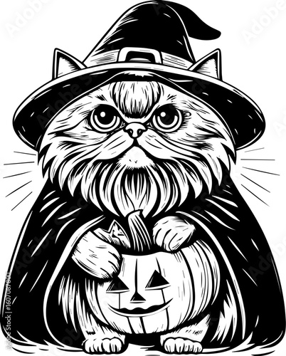 SVG of a Halloween cat with a witch hat and pumpkin designed in a cute tattoo style.Adorable Cat in Witch Hat with Pumpkin for Halloween Celebration