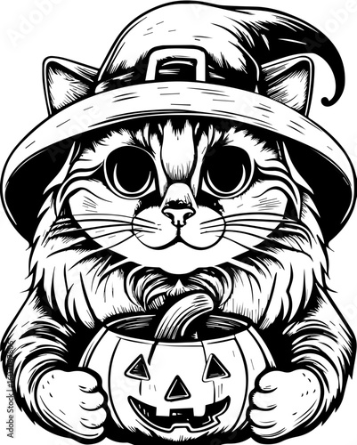 SVG of a Halloween cat with a witch hat and pumpkin designed in a cute tattoo style.Cute Cat in Witch Hat with Pumpkin for Halloween Decoration