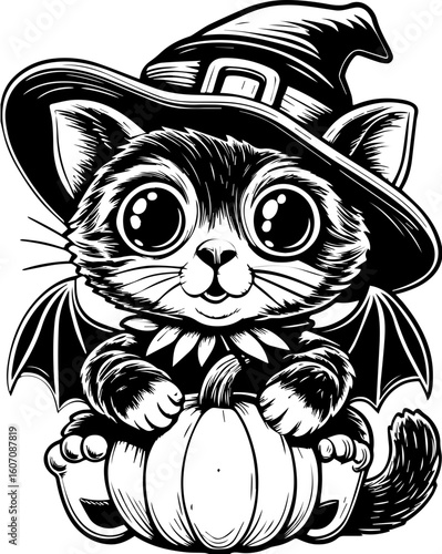 SVG of a Halloween cat with a witch hat and pumpkin designed in a cute tattoo style.Cute Black Cat in Witch Hat with Pumpkin for Halloween Celebration