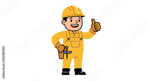 Cheerful construction worker giving thumbs up in yellow uniform