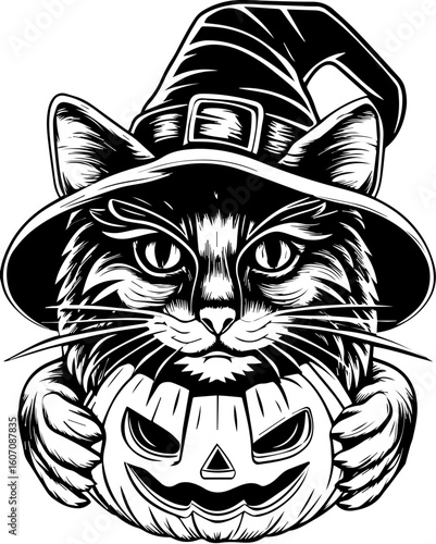 SVG of a Halloween cat with a witch hat and pumpkin designed in a cute tattoo style.Intricate Cat Wearing Witch Hat Holding Pumpkin Design for Halloween