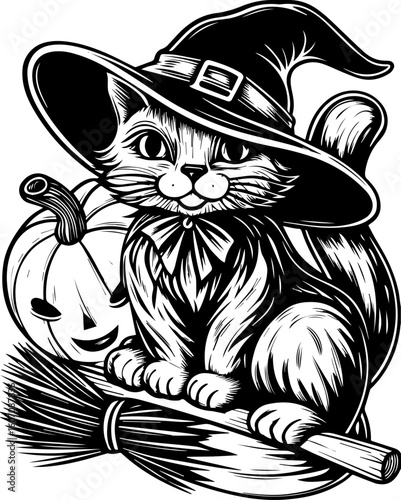 SVG of a Halloween cat with a witch hat and pumpkin designed in a cute tattoo style.Cute Black Cat Wearing Witch Hat with Pumpkin and Broomstick