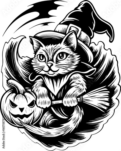 SVG of a Halloween cat with a witch hat and pumpkin designed in a cute tattoo style.Cute Cartoon Cat Riding a Broom with Pumpkin Halloween Theme