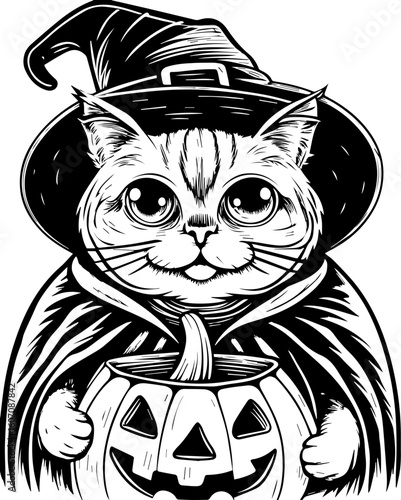 SVG of a Halloween cat with a witch hat and pumpkin designed in a cute tattoo style.Adorable Halloween Cat in Witch Hat with Pumpkin for Spooky Season