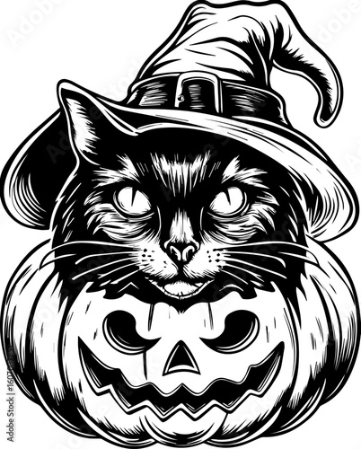 SVG of a Halloween cat with a witch hat and pumpkin designed in a cute tattoo style.Black cat wearing witch hat with pumpkin Halloween illustration
