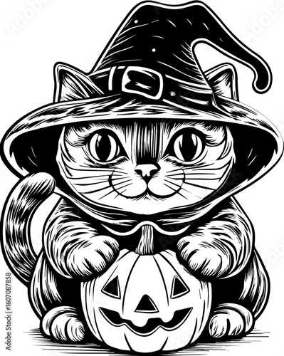 SVG of a Halloween cat with a witch hat and pumpkin designed in a cute tattoo style.Cute Halloween Cat with Witch Hat and Pumpkin Illustration Art