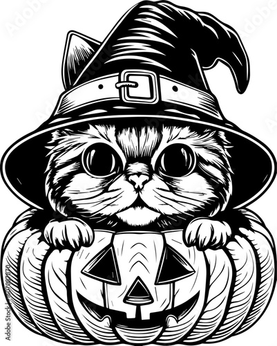 SVG of a Halloween cat with a witch hat and pumpkin designed in a cute tattoo style.Cute Cat in Witch Hat Sitting on Pumpkin with Halloween Theme