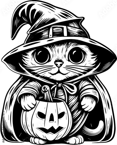 SVG of a Halloween cat with a witch hat and pumpkin designed in a cute tattoo style.Cute Cat in Witch Hat with Pumpkin Halloween Illustration Design