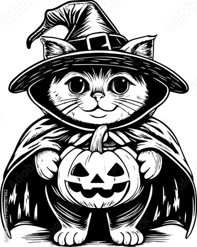 SVG of a Halloween cat with a witch hat and pumpkin designed in a cute tattoo style.Adorable Halloween Cat in Witch Costume with Pumpkin Graphic