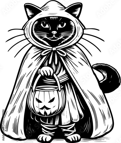 SVG of a Halloween cat with a witch hat and pumpkin designed in a cute tattoo style.Black Cat in Cloak Holding Pumpkin Basket for Halloween Celebration