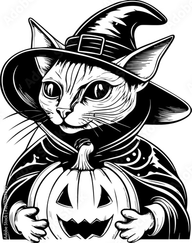 SVG of a Halloween cat with a witch hat and pumpkin designed in a cute tattoo style.Spooky Cat in Witch Hat Holding Pumpkin for Halloween Celebration