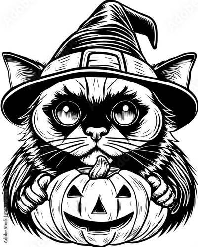 SVG of a Halloween cat with a witch hat and pumpkin designed in a cute tattoo style.Black and White Illustration of a Cat in a Witch Hat with Pumpkin