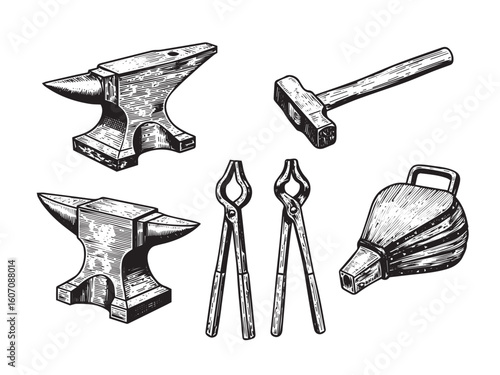Vintage engraving of blacksmith tools including anvil hammer tongs and bellows in solid line art