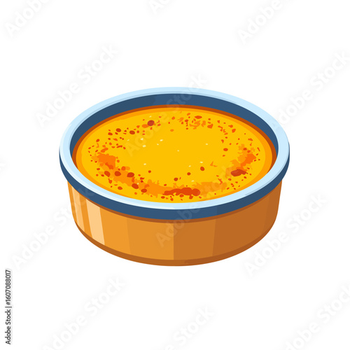Stylized vector illustration of a creamy yellow dessert in an orange bowl with a blue rim, topped with red specks.